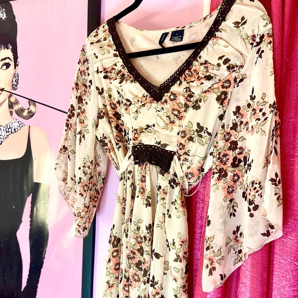 Y2k Vintage Floral Fairycore Boho Chiffon Kimono Sleeve Blouse Women’s Large - Picture 2 of 6